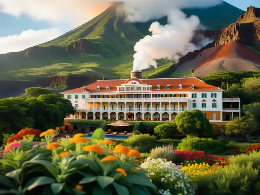 Imagen de un antiguo hotel junto a un volcán, con arquitectura adaptativa en zonas volcánicas, en armonía con la naturaleza