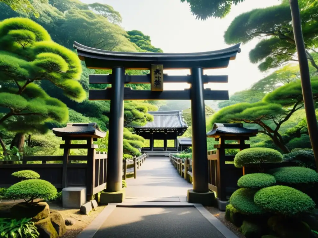 Imagen de un antiguo torii japonés entre exuberante vegetación