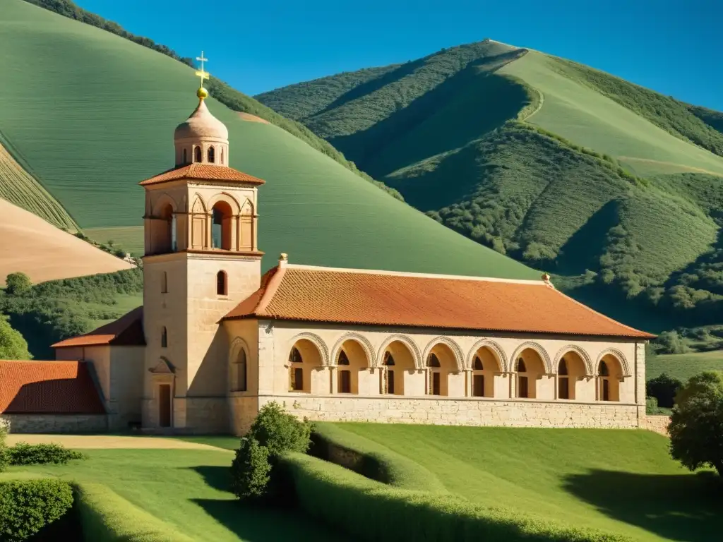 Imagen de un antiguo monasterio de piedra con detalles arquitectónicos, tejado de tejas rojas y entorno natural sereno