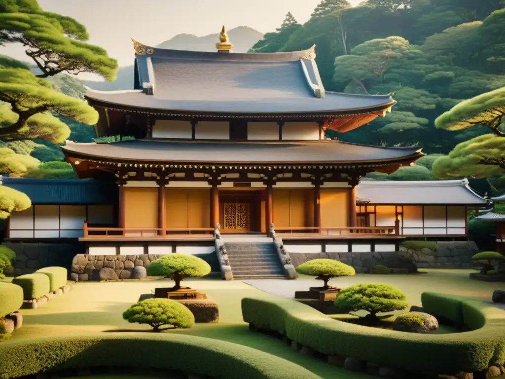 Imagen de un antiguo templo budista japonés rodeado de naturaleza exuberante y serena, que invita a descubrir los secretos de su arquitectura