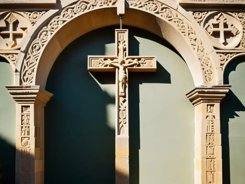 Imagen de un arco de piedra tallado con una cruz en el centro, en el sereno patio de un monasterio