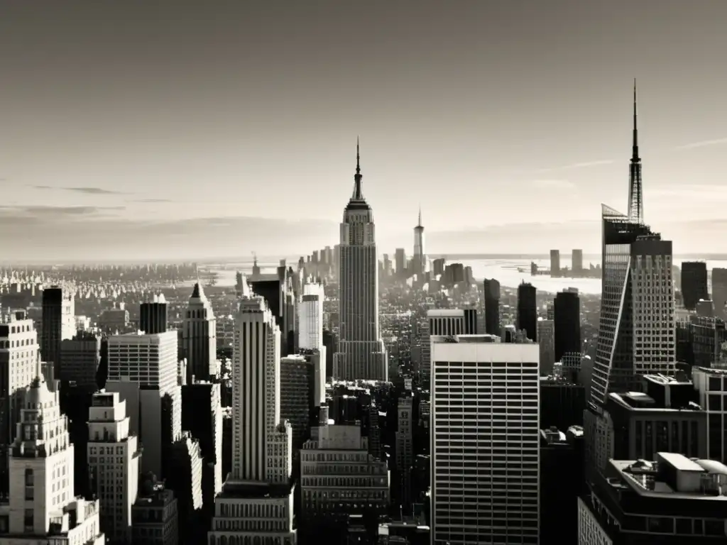 Imagen en sepia de la evolución arquitectónica de Nueva York, destacando el Empire State y otros rascacielos icónicos