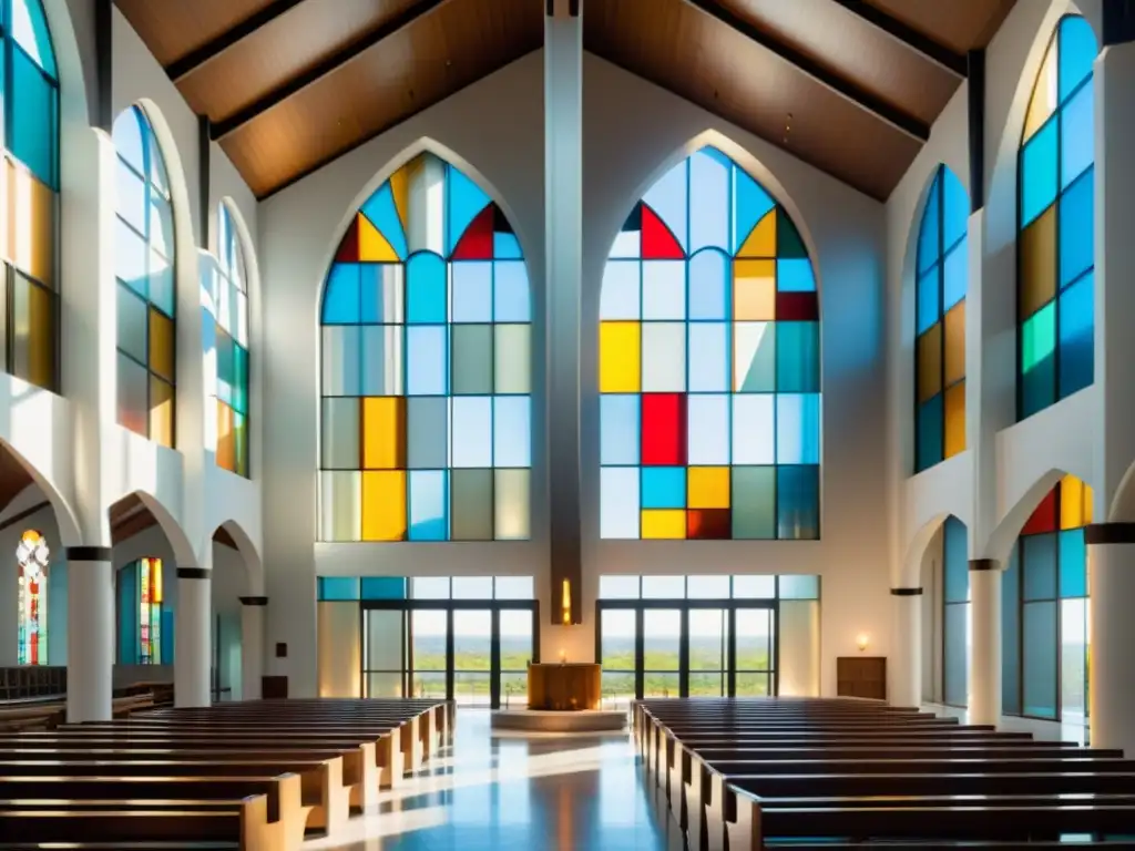 Imagen de la fusión sagrado-moderno en la arquitectura de una catedral, con juego de luz y acero