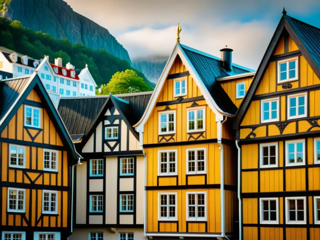 Imagen de la arquitectura tradicional vikingo-europea en Alesund, Noruega, con detalles ornamentales y entorno natural