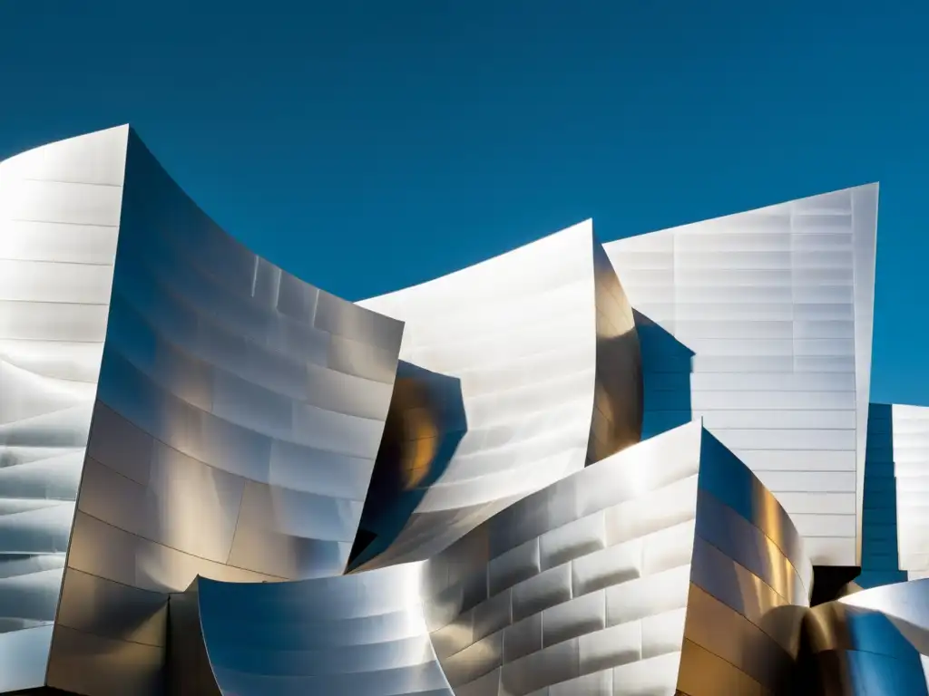 Imagen en blanco y negro del icónico Walt Disney Concert Hall en Los Ángeles, destacando su arquitectura inspirada en el deconstructivismo