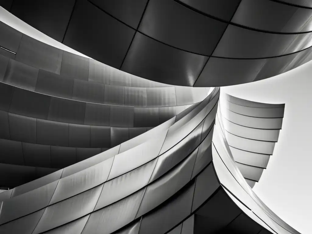 Imagen en blanco y negro del icónico Walt Disney Concert Hall en Los Ángeles, destacando su arquitectura deconstructivista innovadora y atrevida