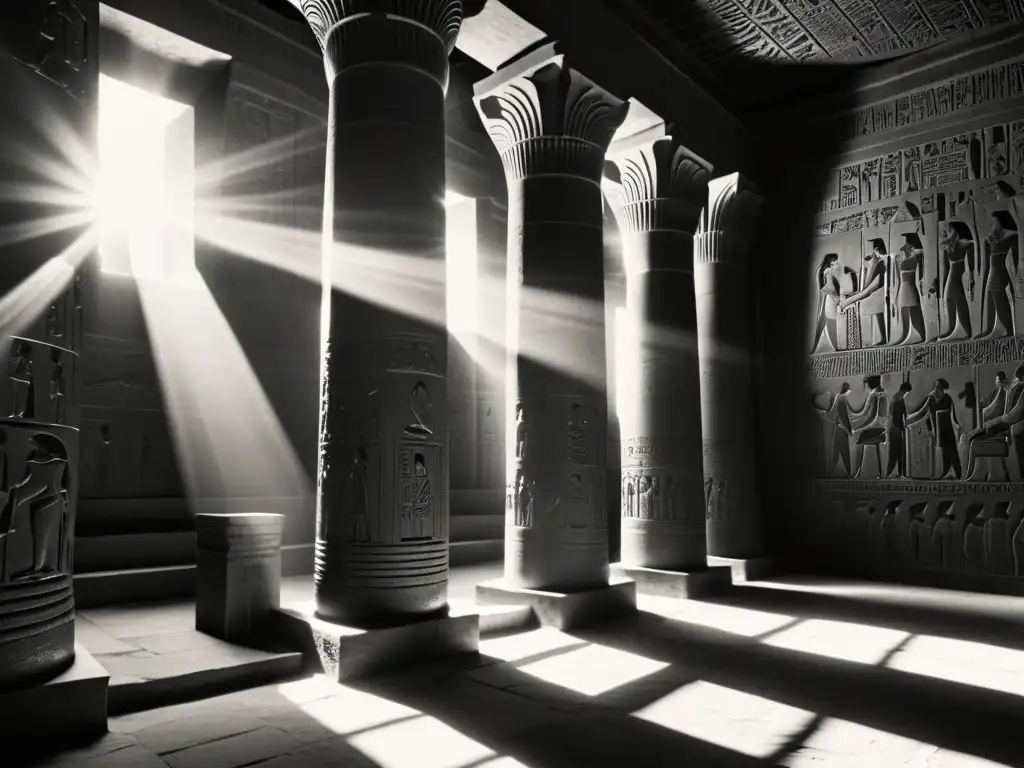 Imagen en blanco y negro de un antiguo templo egipcio, con luz solar iluminando las ventanas talladas y creando sombras dramáticas