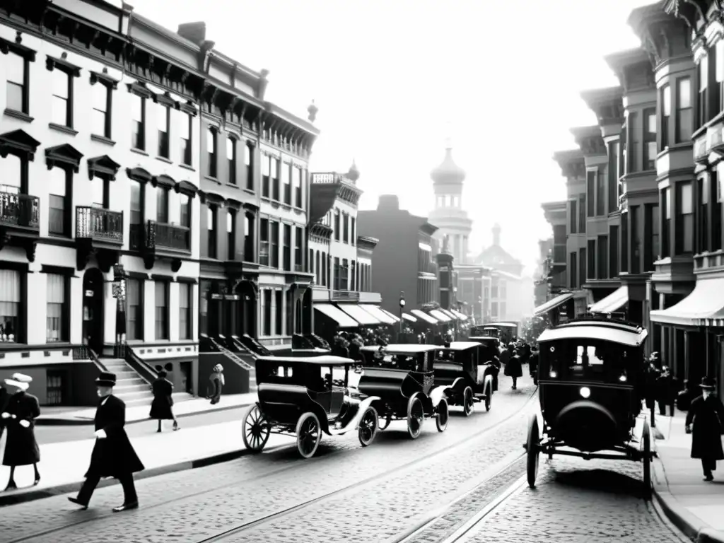 Imagen en blanco y negro de un barrio histórico con arquitectura victoriana