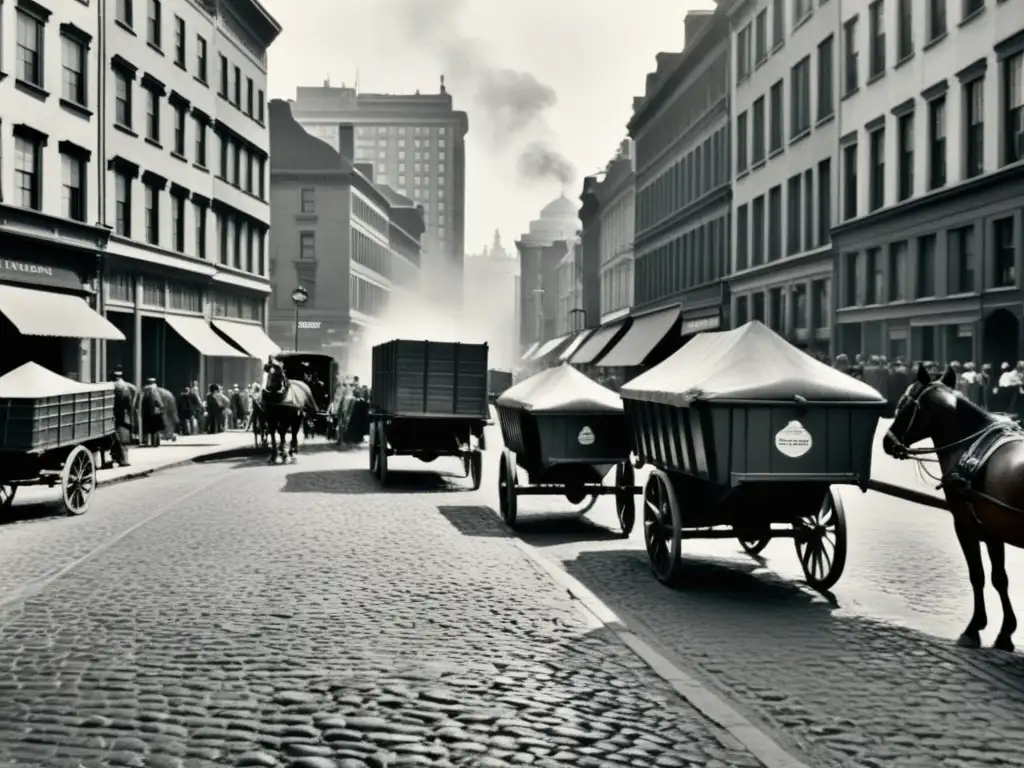 Imagen en blanco y negro de una bulliciosa calle de la ciudad con transeúntes y carruajes de caballos