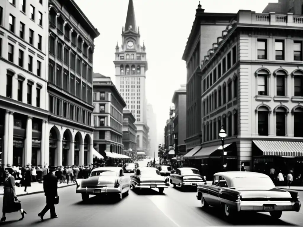 Una imagen en blanco y negro de una bulliciosa calle de la ciudad con arquitectura histórica y potencial inmobiliario subterráneo