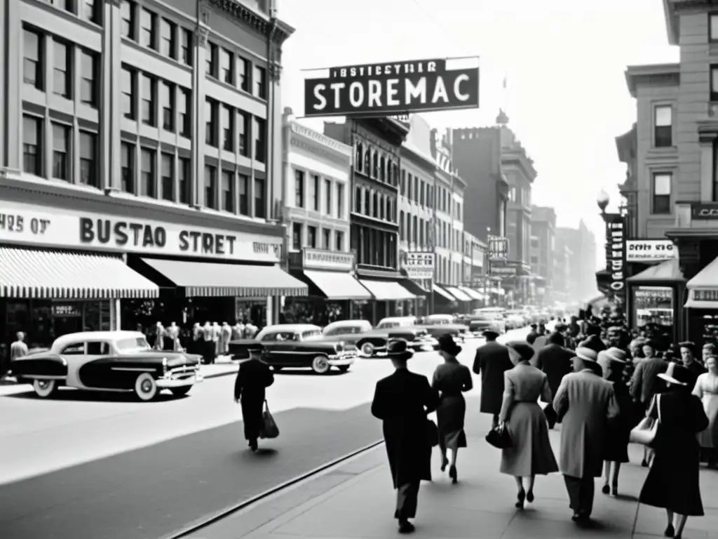 Imagen en blanco y negro de una bulliciosa calle de la ciudad en los años 50, con fachadas clásicas y actividad comercial