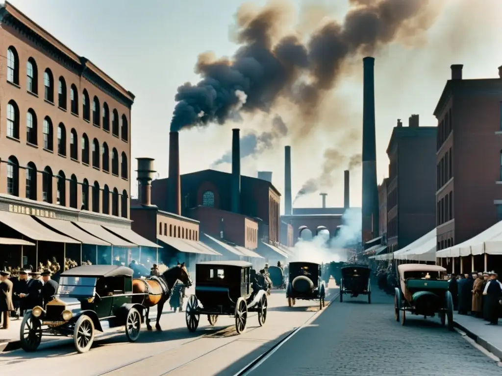 Imagen en blanco y negro de una bulliciosa calle industrial durante la Revolución Industrial, con imponentes fábricas y trabajadores apurados