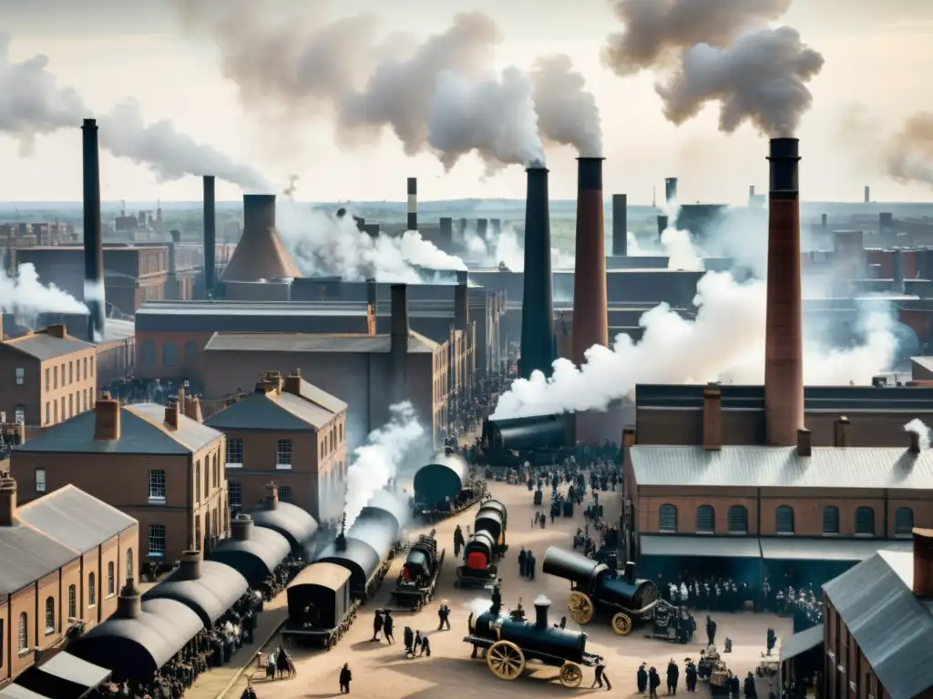 Imagen en blanco y negro de la bulliciosa arquitectura de la revolución industrial en Londres y Manchester, con altas chimeneas y fábricas de ladrillo, reflejando la atmósfera de la época