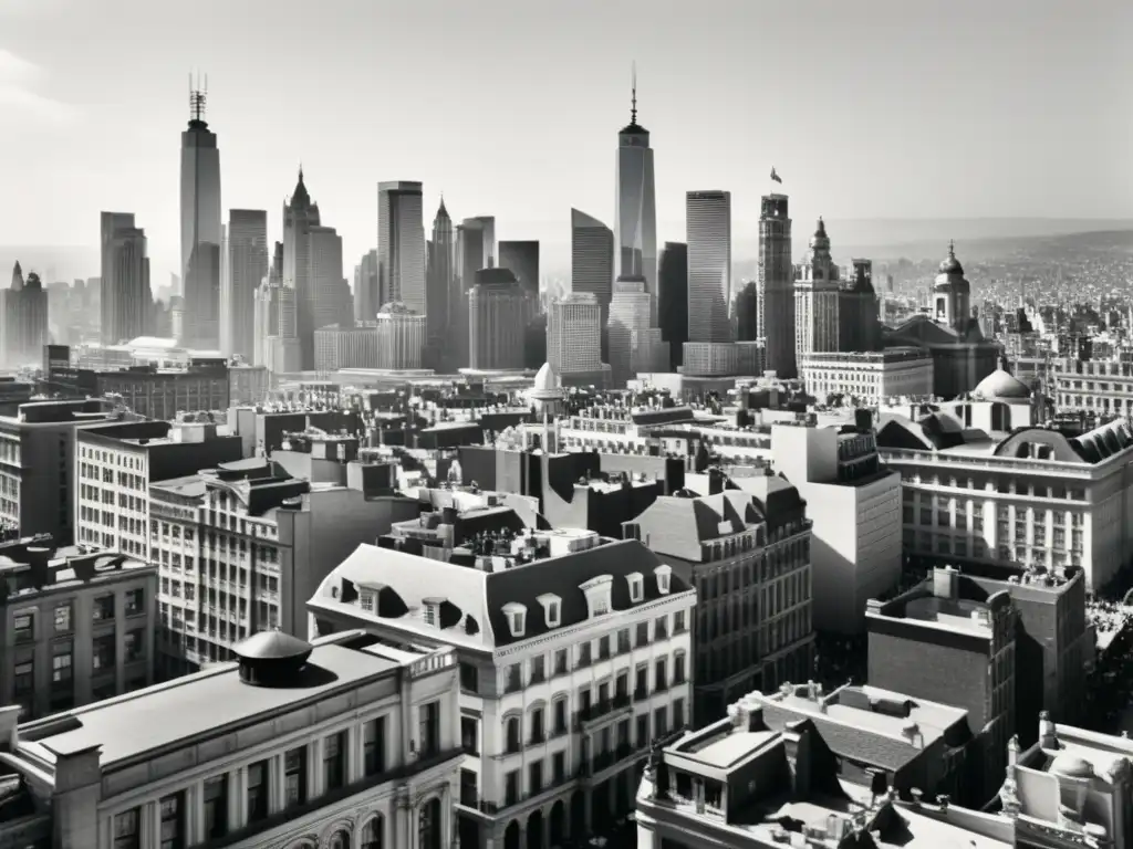 Imagen en blanco y negro de un bullicioso horizonte urbano con rascacielos imponentes y vida callejera