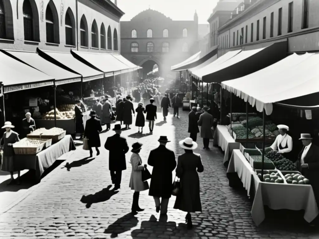 Imagen en blanco y negro de un bullicioso mercado al aire libre en el siglo XX, con un ambiente comunitario y colaborativo