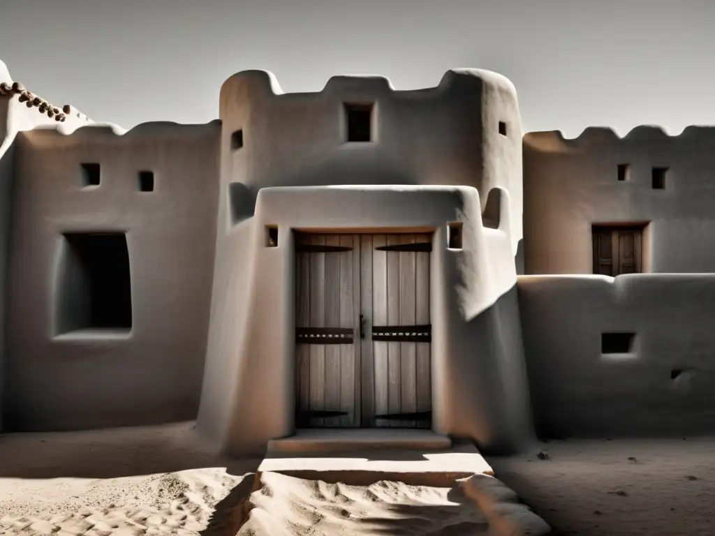 Imagen en blanco y negro de una casa de adobe con una gran pared Trombe, resaltando sus detalles y la belleza arquitectónica