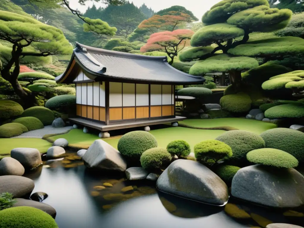 Imagen en blanco y negro de una casa de té japonesa tradicional en un jardín sereno, reflejando los principios estéticos de las casas de té japonesas