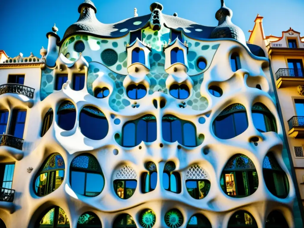 Imagen en blanco y negro de Casa Batlló, muestra la fachada con balcones en forma de calavera y detalles en mosaico