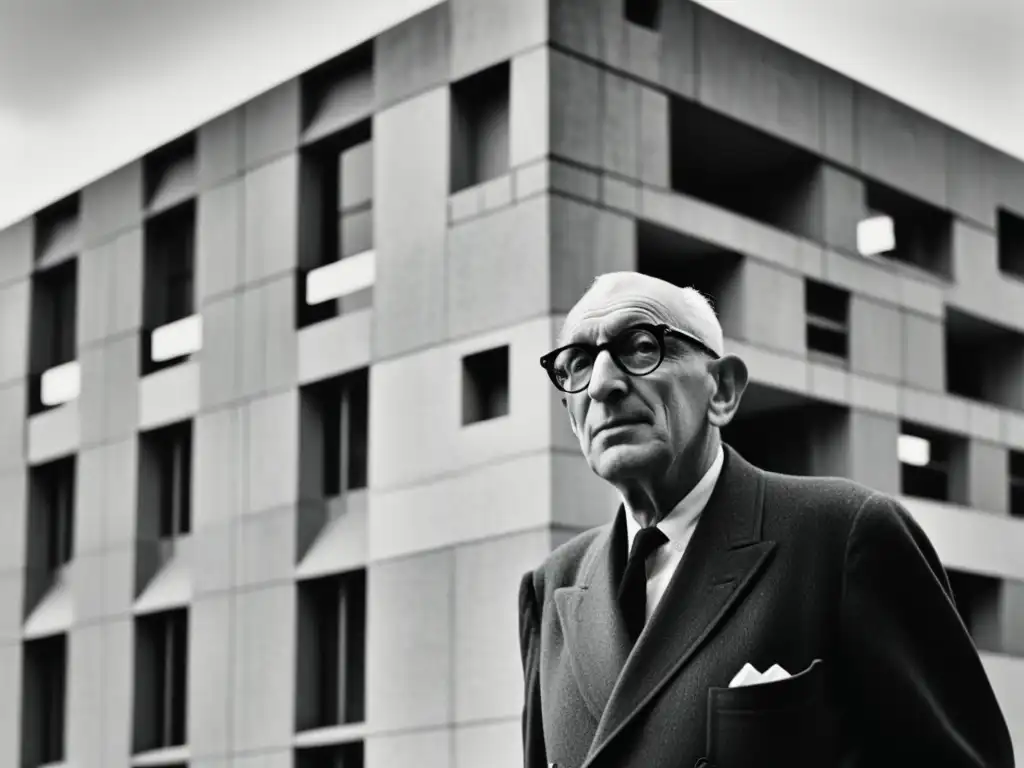 Imagen en blanco y negro de Le Corbusier frente a su icónico edificio modernista, capturando sus Principios del Movimiento Moderno Arquitectónico con detalle y expresión reflexiva