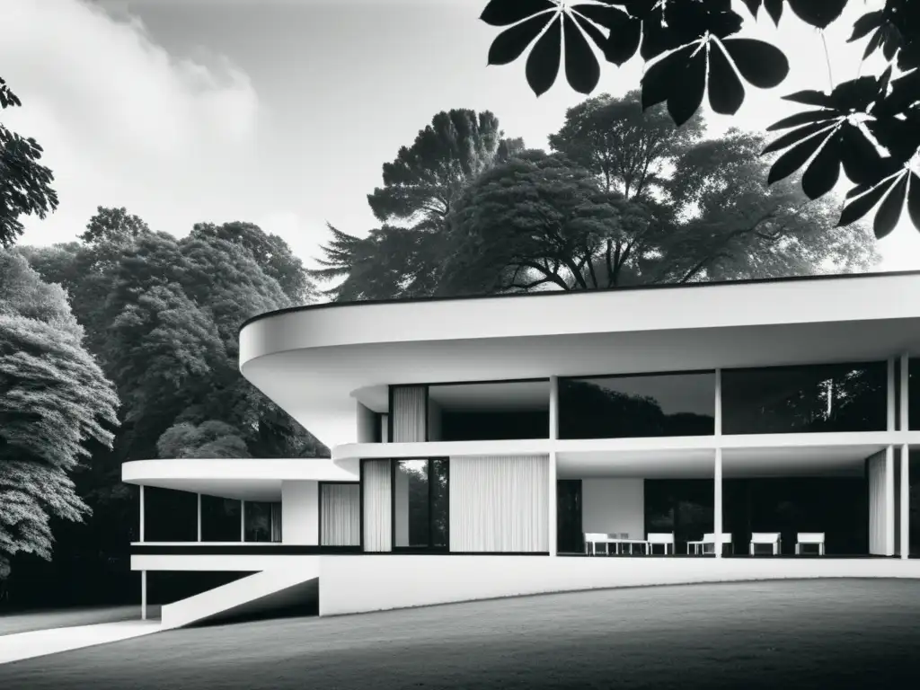 Imagen en blanco y negro de la icónica Villa Savoye, muestra su diseño minimalista y los Principios del Movimiento Moderno Arquitectónico