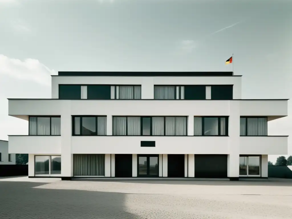 Una imagen en blanco y negro de la icónica arquitectura posguerra en Europa, representando el diseño y la reconstrucción de la Bauhaus