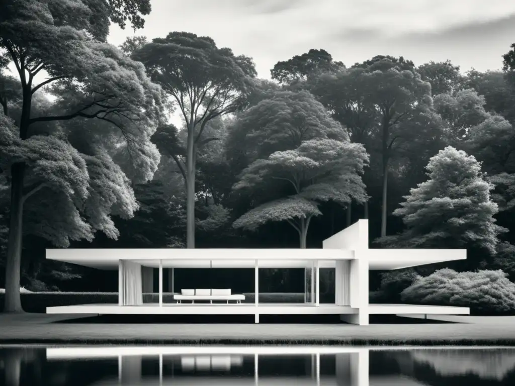 Imagen en blanco y negro de la icónica Casa Farnsworth, mostrando su diseño minimalista en contraste armonioso con la naturaleza