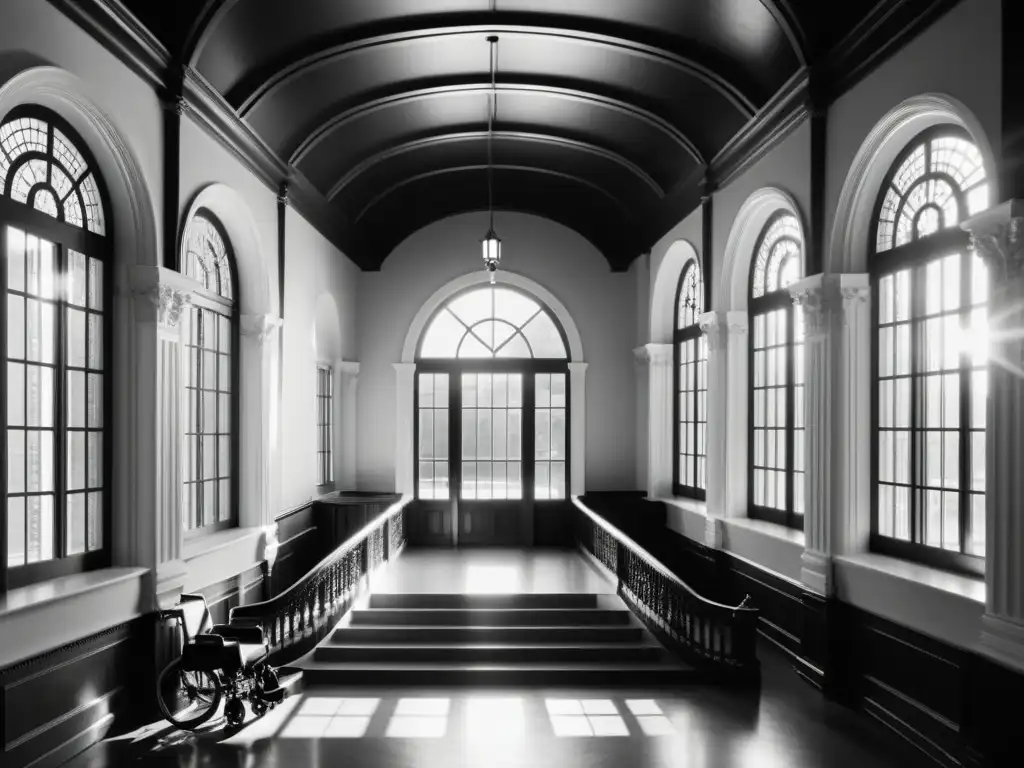 Imagen en blanco y negro de edificio histórico con rampa de acceso integrada