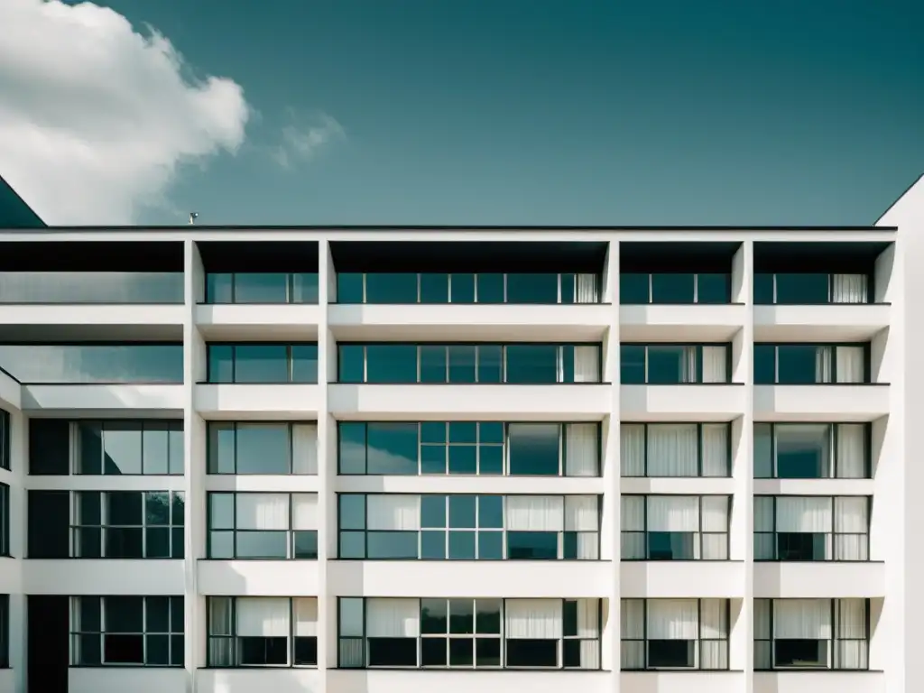 Imagen en blanco y negro del edificio Bauhaus en Dessau, Alemania, destacando su estilo arquitectónico histórico y vanguardista