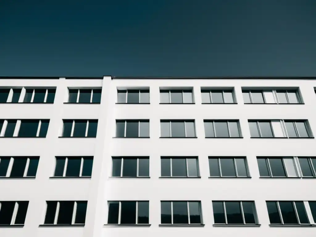 Imagen en blanco y negro del edificio de la Bauhaus en Dessau, resaltando sus formas geométricas modernistas