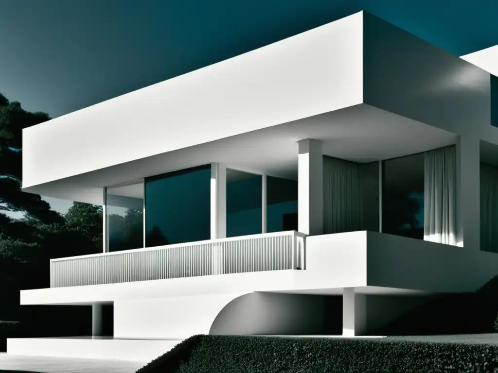 Imagen en blanco y negro de la icónica Villa Savoye, representando la elegancia atemporal del Edificio, símbolo del Estilo Internacional en Arquitectura