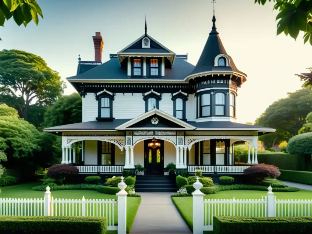 Imagen en blanco y negro de una encantadora casa estilo victoriano con detalles arquitectónicos ornamentados y jardín exuberante