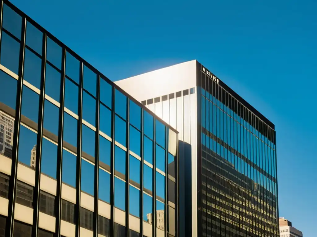 Imagen en blanco y negro del icónico Lever House en Nueva York, destacando su fachada de vidrio modernista reflejando la luz natural