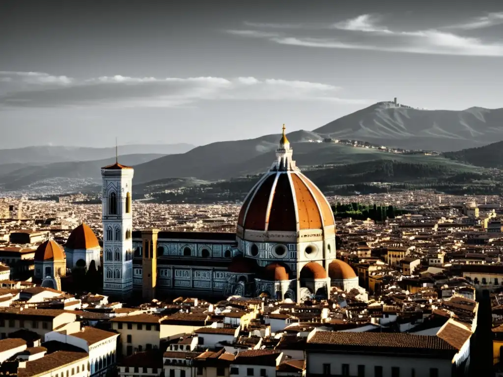 Imagen en blanco y negro de la icónica cúpula de Brunelleschi en Florencia, destacando su imponente arquitectura histórica