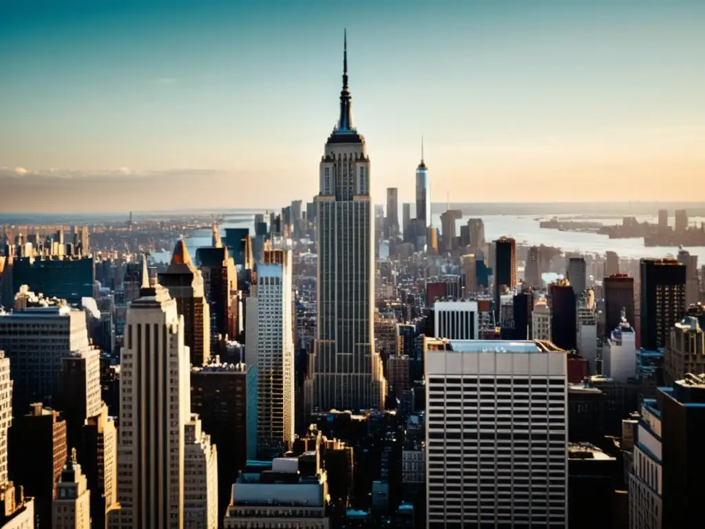 Imagen en blanco y negro del icónico Empire State Building dominando el horizonte de Nueva York, reflejando la evolución arquitectónica de la ciudad