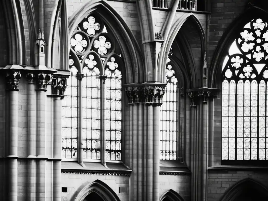 Imagen en blanco y negro de la majestuosa Catedral de NotreDame en París, Francia, resaltando la arquitectura gótica