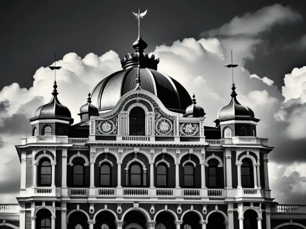 Imagen en blanco y negro de majestuoso edificio histórico, influencia en tendencias arquitectónicas del mercado inmobiliario