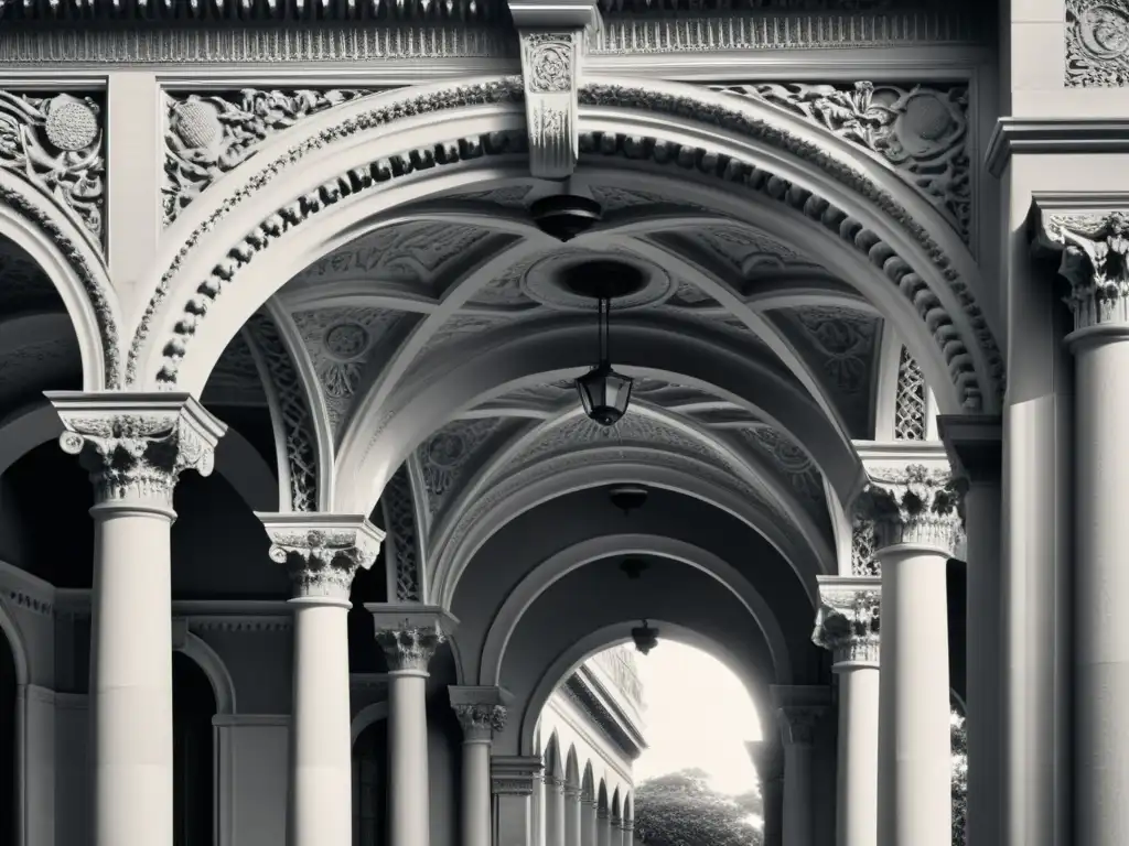 Imagen en blanco y negro de un majestuoso edificio histórico, resaltando detalles arquitectónicos y la conservación patrimonial arquitectura histórica