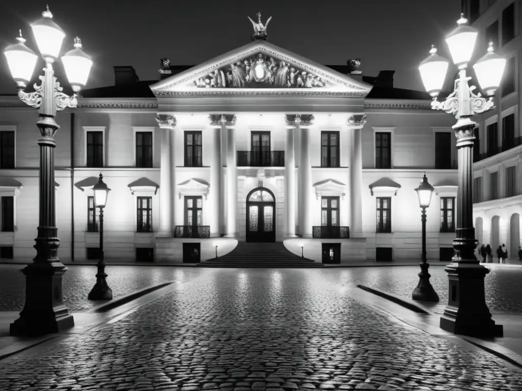 Imagen en blanco y negro de un majestuoso edificio histórico iluminado por elegantes farolas, evocando la evolución de la iluminación arquitectónica histórica