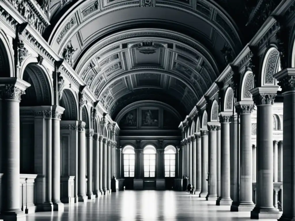 Imagen en blanco y negro del majestuoso Palacio del Louvre en París, evocando su arquitectura histórica y su belleza renacentista