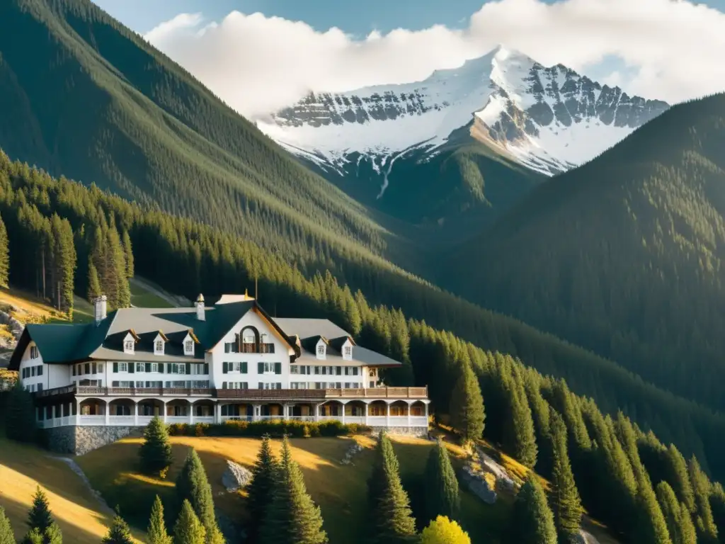 Imagen en blanco y negro de un majestuoso hotel de montaña entre altos pinos y picos nevados, evocando la arquitectura de hoteles de montaña