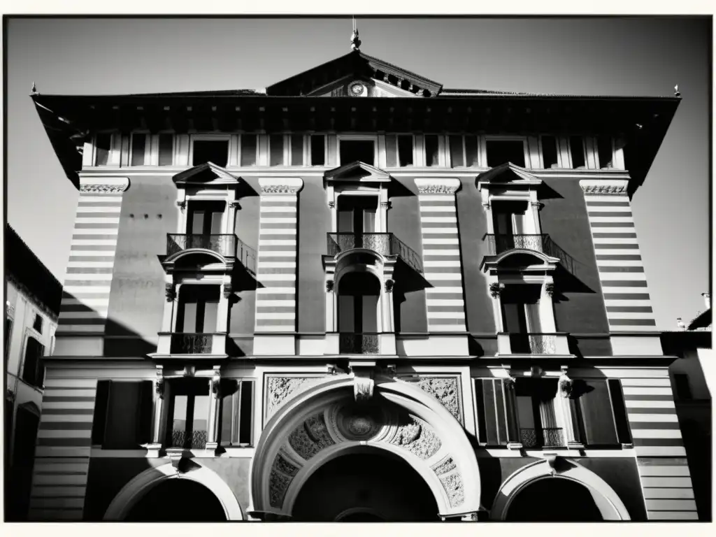 Imagen en blanco y negro del majestuoso Castello di Rivoli, con detalles arquitectónicos y una fachada envejecida, rodeada de exuberante vegetación