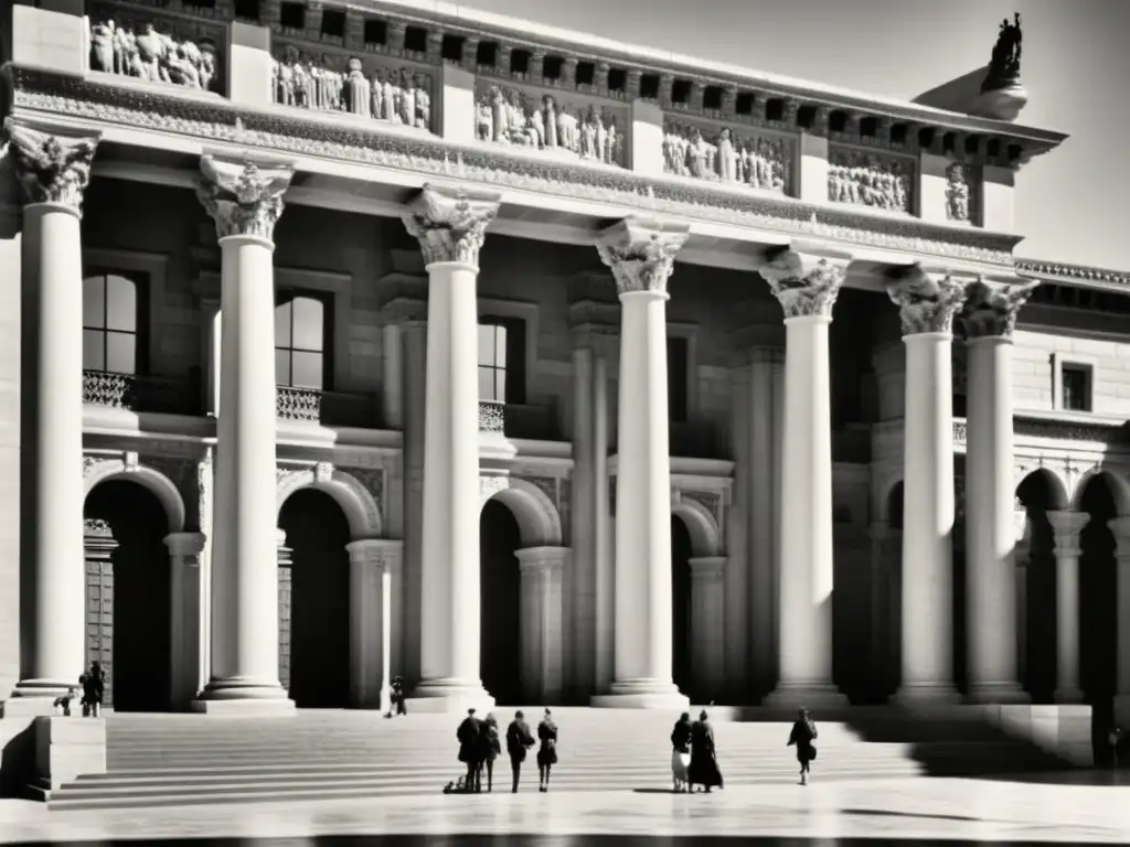 Imagen en blanco y negro de un monumento histórico con detallados grabados, columnas ornamentadas y arcos majestuosos