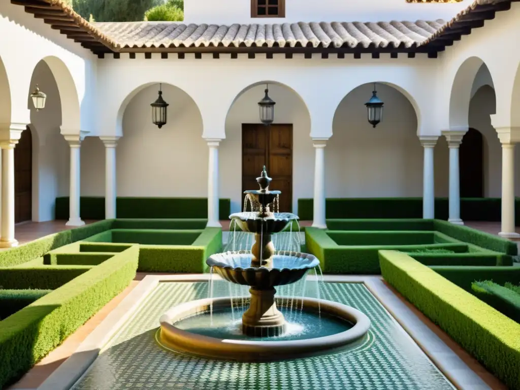 Imagen en blanco y negro de un patio tradicional en una hacienda española, destacando un sofisticado sistema de recolección e irrigación de agua