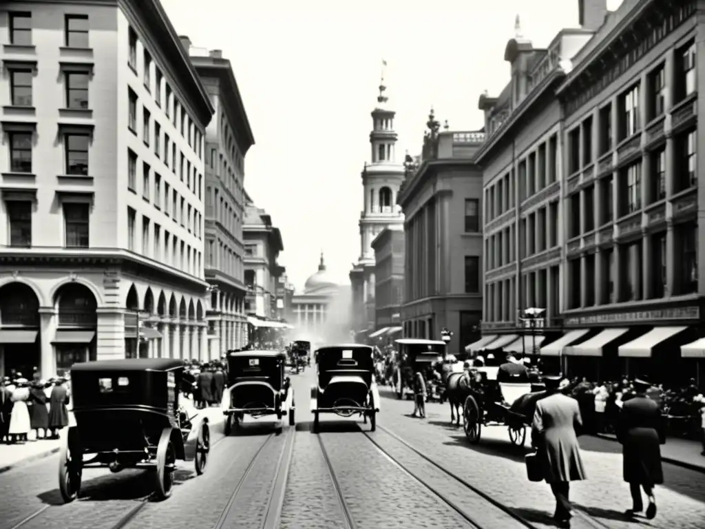 Imagen de una bulliciosa calle de la ciudad en blanco y negro con edificios ornamentados