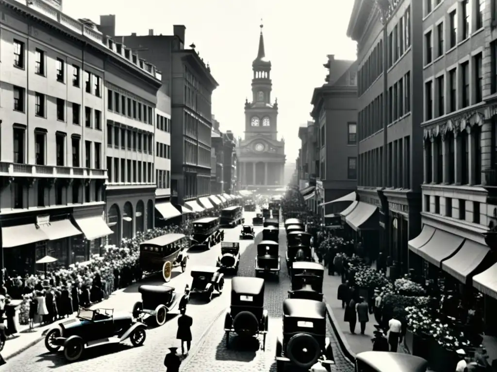 Imagen de una bulliciosa calle de la ciudad con edificios ornamentados y gente con ropa vintage