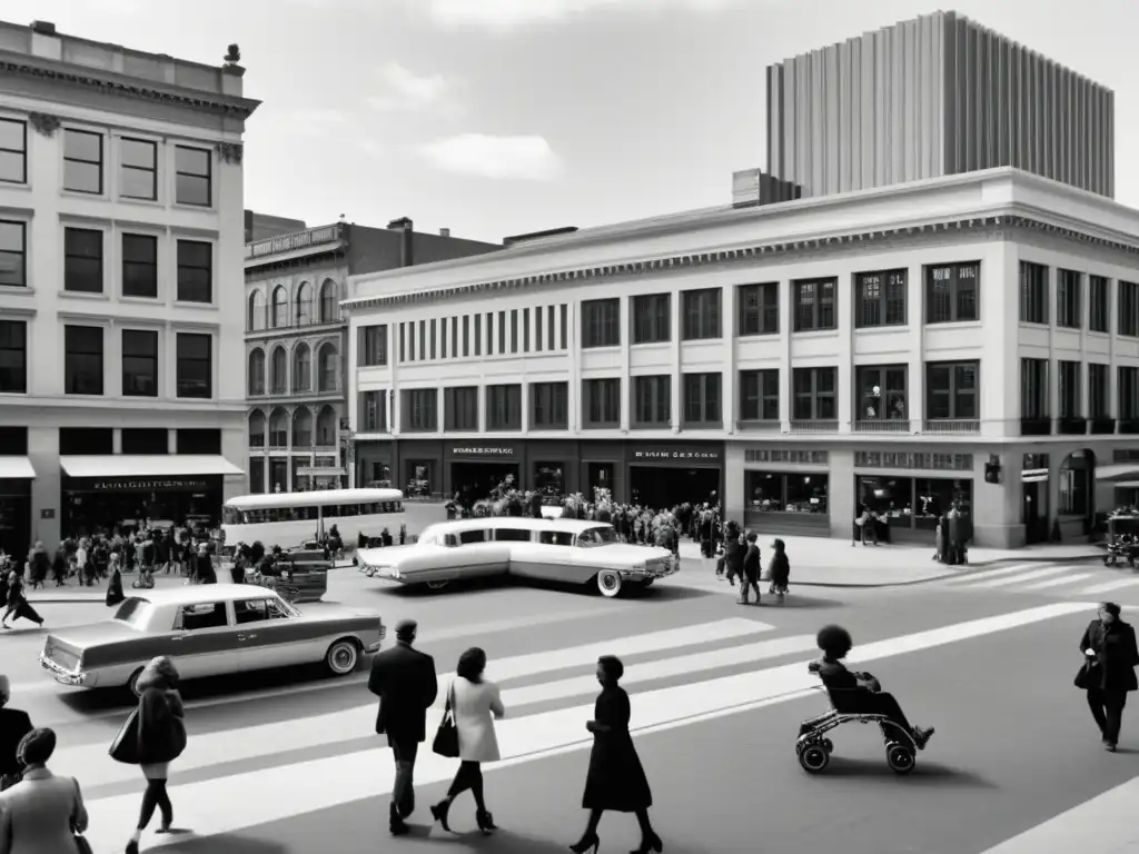 Imagen de una bulliciosa calle urbana con arquitectura inclusiva a través de la historia, donde personas diversas interactúan en un espacio accesible y acogedor