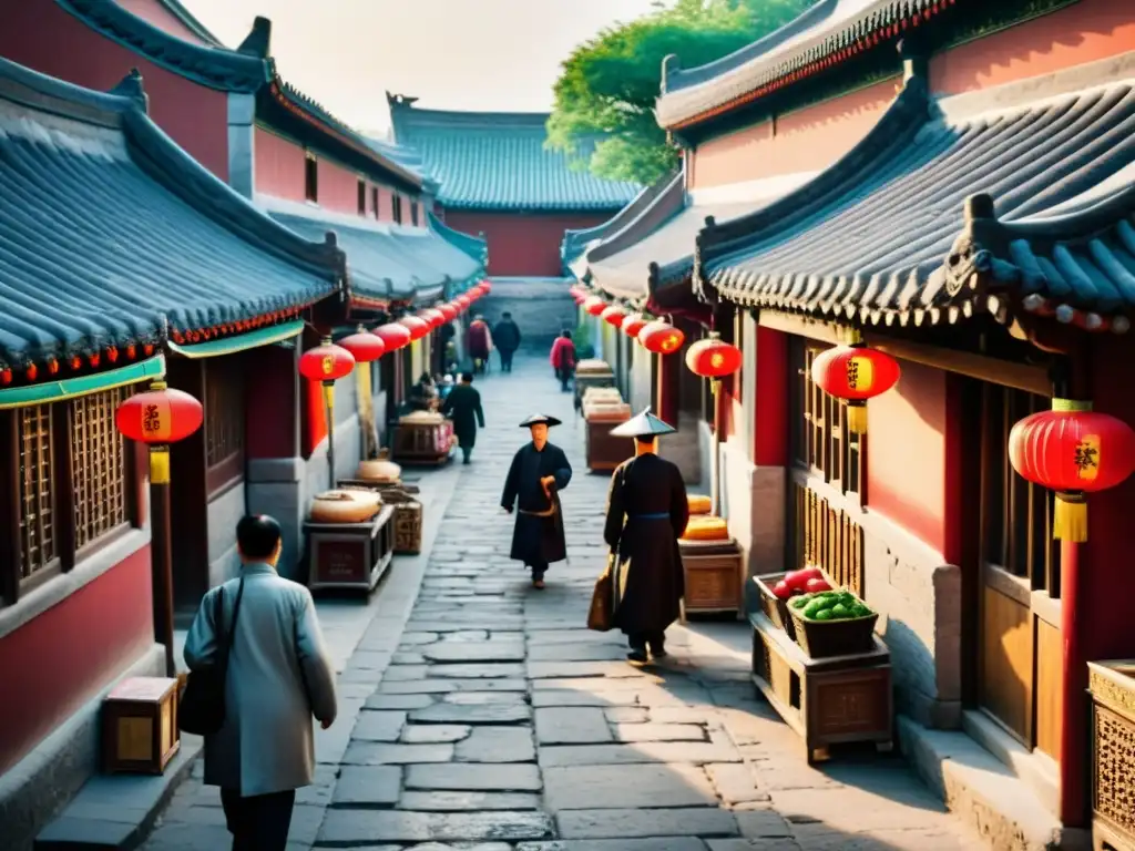 Imagen 8k de bulliciosas callejuelas de Beijing en la dinastía Ming, con casas tradicionales y actividades cotidianas