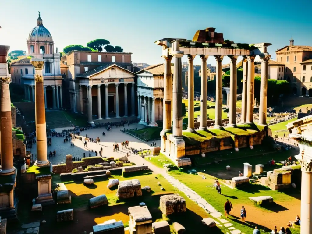 Imagen del bullicioso Foro Romano, con su arquitectura grandiosa, mercado vibrante y gente en togas, destacando la importancia del Foro Romano en la historia