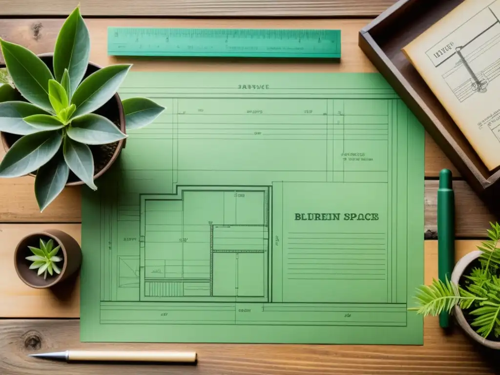 Una imagen cálida y detallada de un plano arquitectónico vintage sobre una mesa de madera envejecida, con herramientas de dibujo antiguas y una planta