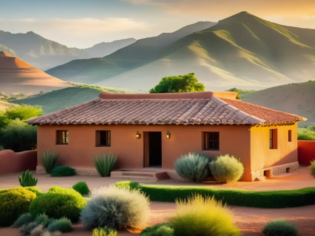 Imagen 8k de una casa de adobe tradicional en un paisaje verde, evocando la belleza de materiales naturales y renovables en arquitectura